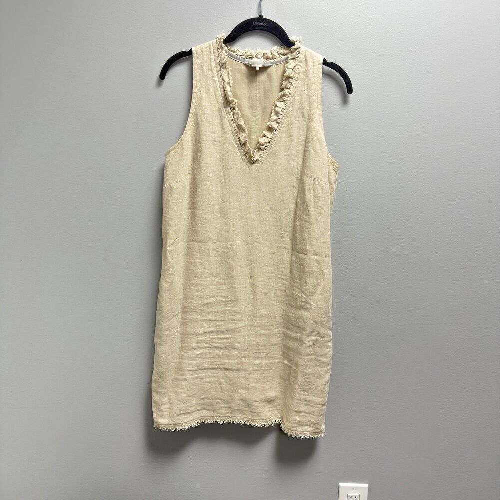 Tommy Bahama Dress Womens S Beige Sheath Short Linen Cotton Lined Fringe